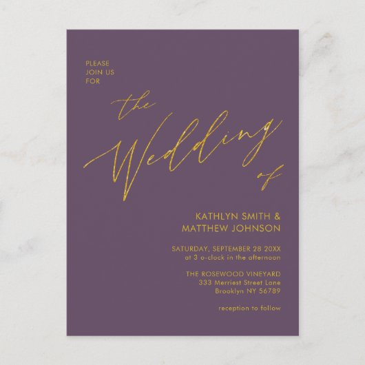 Mauve QR-code in één Gold Script Chic Wedding Uitnodiging Briefkaart (Voorkant)