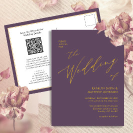 Mauve QR-code in één Gold Script Chic Wedding Uitnodiging Briefkaart