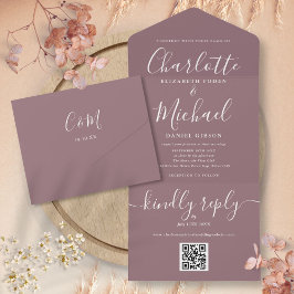 Mauve QR-code script minimalistische bruiloft All In One Uitnodiging