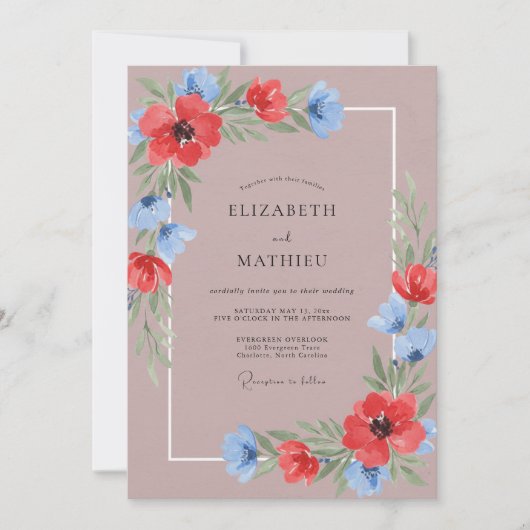 Mauve Rode Wilde Bloemen Bruiloft Kaart (Voorkant)