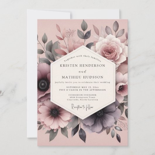 Mauve Romantic Flora Wedding Kaart (Voorkant)