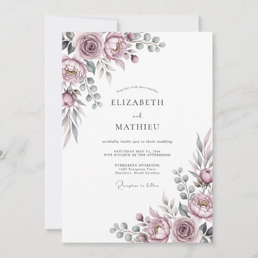 Mauve Romantic Floral Wedding Kaart (Voorkant)