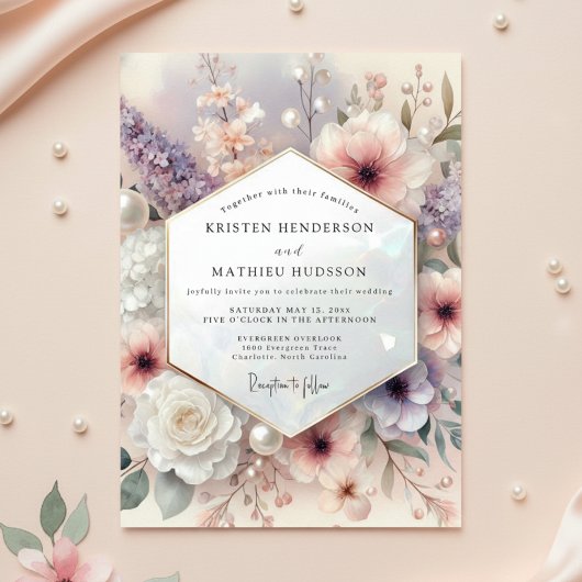 Mauve Romantische Bloemige Bruiloft Kaart