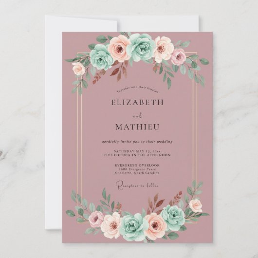 Mauve Romantische Mint Botanische Bruiloft Kaart (Voorkant)