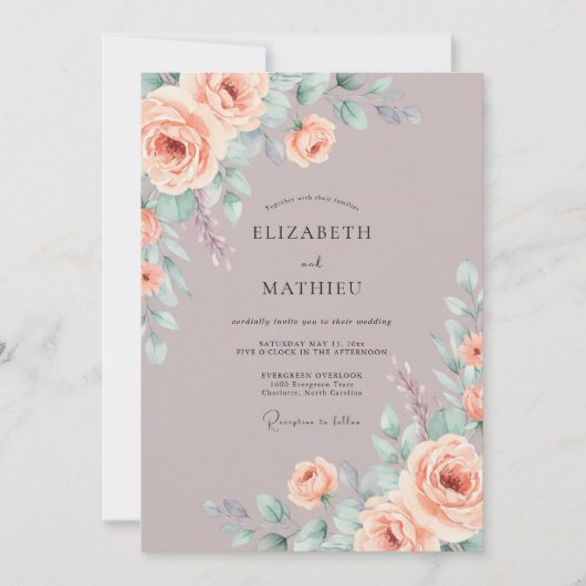 Mauve Romantische Rozen Bruiloft Kaart (Voorkant)