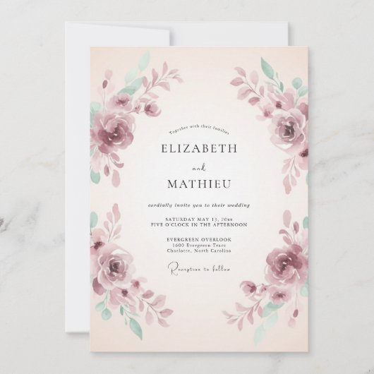 Mauve Romantische Waterverf Bruiloft Kaart (Voorkant)