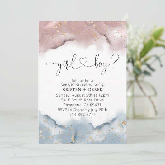 Mauve Roos en Dusty Blue Waterverf Geslacht onthul Kaart (Staand voorkant)