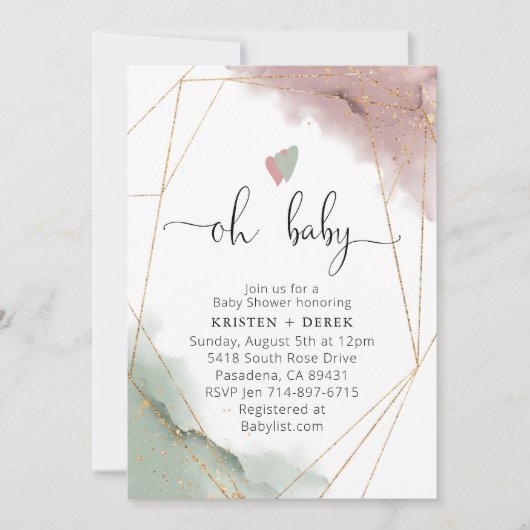 Mauve Roos en Sage Green Waterverf Baby shower Kaart (Voorkant)