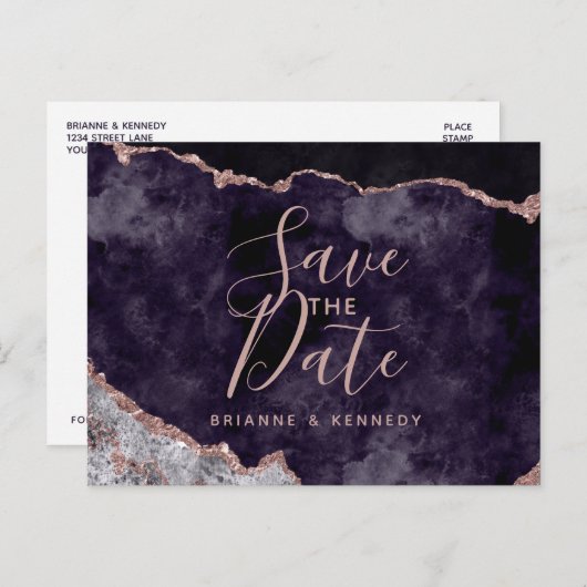 Mauve Rose Gold Agate Marble Save the Date Aankondigingskaart (Voorkant / Achterkant)