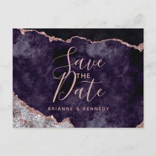 Mauve Rose Gold Agate Marble Save the Date Aankondigingskaart (Voorkant)