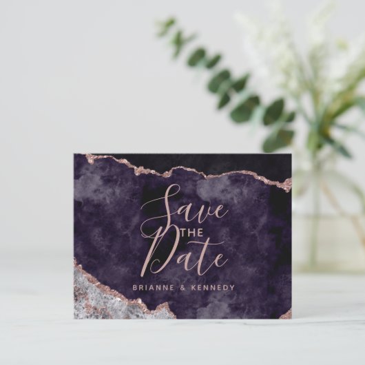 Mauve Rose Gold Agate Marble Save the Date Aankondigingskaart (Staand voorkant)