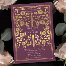 Mauve Royal Medieval Gold Sword Wedding Invitation