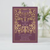 Mauve Royal Medieval Gold Sword Wedding Invitation Kaart (Staand voorkant)