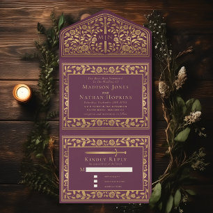 Mauve Royal Medieval Sword Wedding All In One Uitnodiging