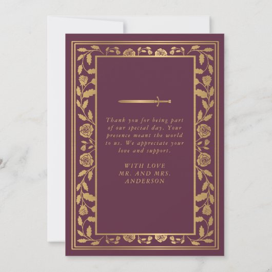 Mauve Royal Medieval Sword Wedding Bedankkaart (Achterkant)