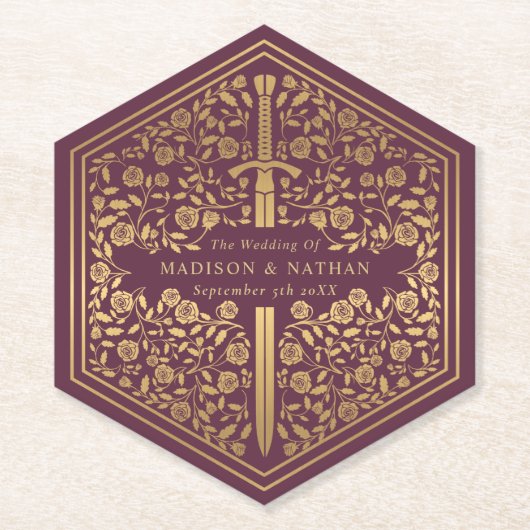 Mauve Royal Medieval Sword Wedding Paper Onderzett Kartonnen Onderzetters (Voorkant)