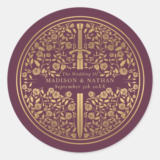 Mauve Royal Medieval Sword Wedding Ronde Sticker (Voorkant)