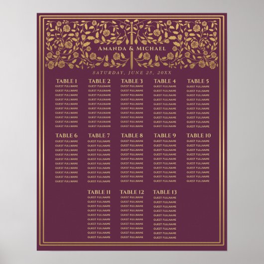 Mauve Royal Medieval Sword Wedding Seding Chart Poster (Voorkant)