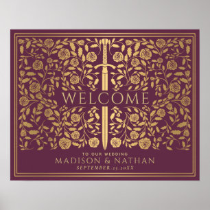 Mauve Royal Medieval Sword Wedding Welcome Sign Poster
