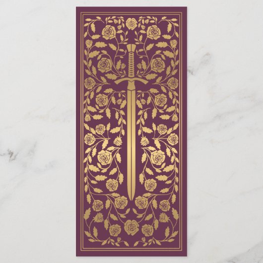 Mauve Royal middeleeuws zwaard bruiloft plat menu (Achterkant)