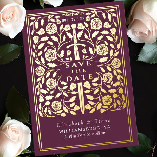 Mauve Royal middeleeuwse zwaard bruiloft Save the  Folie Uitnodiging
