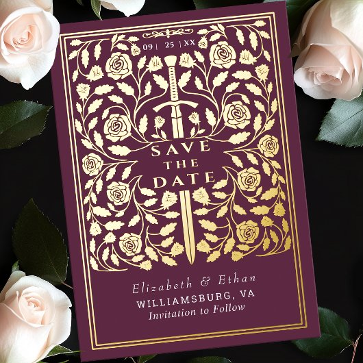 Mauve Royal middeleeuwse zwaard bruiloft Save the Folie Uitnodiging