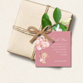 Mauve Roze Bloemen, Ballonnen Schattige Teddybeer Bedankjes Labels