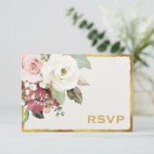Mauve Roze Bloemen Luxe Gold Edge Wedding RSVP Kaartje (Staand voorkant)