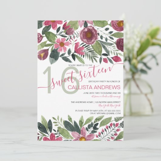 Mauve Roze Bos Waterverf Bloemblad Sweet 16 Kaart (Staand voorkant)