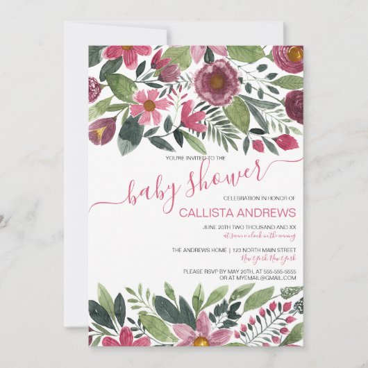 Mauve Roze Bos Waterverf Bloemenkraam Baby Shower Kaart (Voorkant)