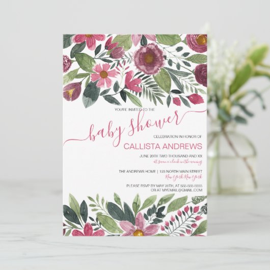 Mauve Roze Bos Waterverf Bloemenkraam Baby Shower Kaart (Staand voorkant)