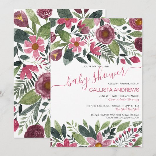 Mauve Roze Bos Waterverf Bloemenkraam Baby Shower Kaart (Voorkant / Achterkant)