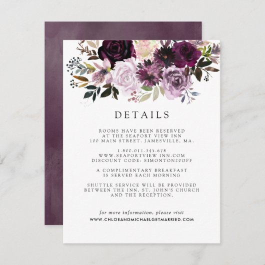 Mauve Roze en Paarse Bloemige Gastdetails Informatiekaartje (Voorkant / Achterkant)