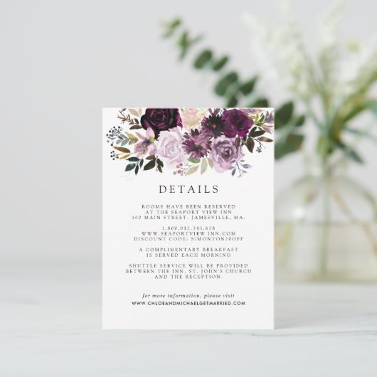 Mauve Roze en Paarse Bloemige Gastdetails Informatiekaartje (Staand voorkant)