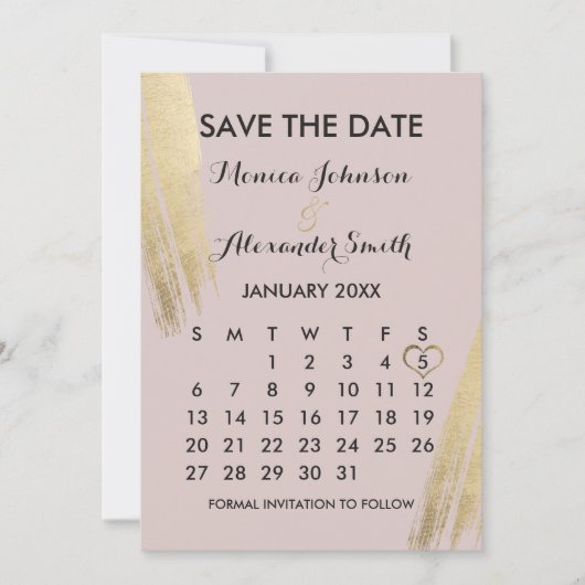 Mauve roze goud penseelstreken kalender opslaan save the date (Voorkant)