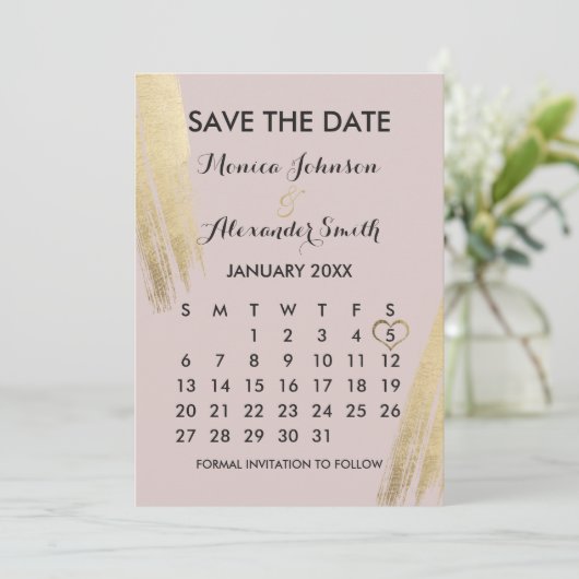 Mauve roze goud penseelstreken kalender opslaan save the date (Staand voorkant)