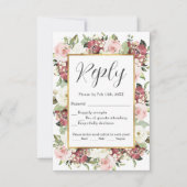 Mauve Roze Groene Bloemen Goud Lijst Waterverf RSVP Kaartje (Voorkant)