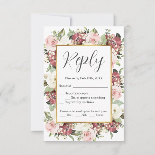Mauve Roze Groene Bloemen Goud Lijst Waterverf RSVP Kaartje (Voorkant)