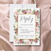 Mauve Roze Groene Bloemen Goud Lijst Waterverf RSVP Kaartje