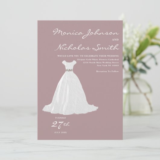 Mauve roze wit kant trouwjurk chique bruiloft kaart (Staand voorkant)