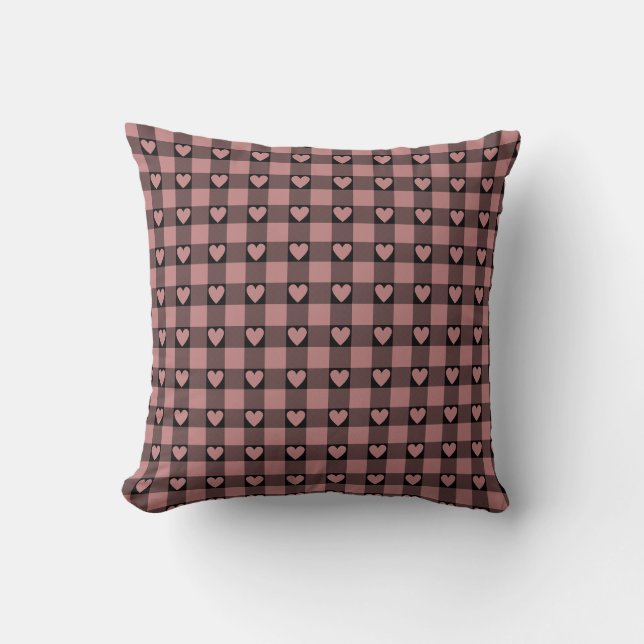 Mauve Roze Zwarte Buffalo Hart Plaid Kussen (Voorkant)