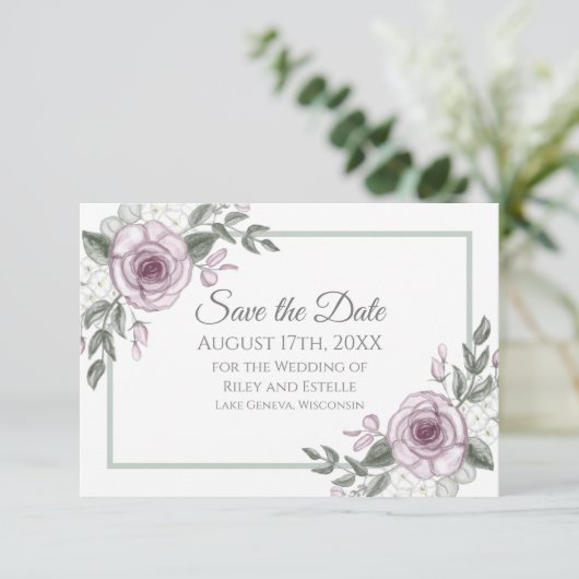 Mauve Rozen Elegant Floral Wedding Save the Date RSVP Kaartje (Staand voorkant)