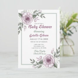 Mauve Rozen Girl's Floral Baby shower Kaart