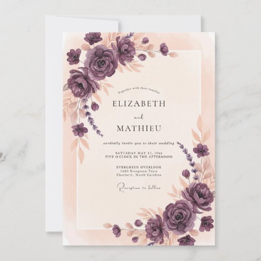 Mauve Rozenkrans Bruiloft Kaart (Voorkant)