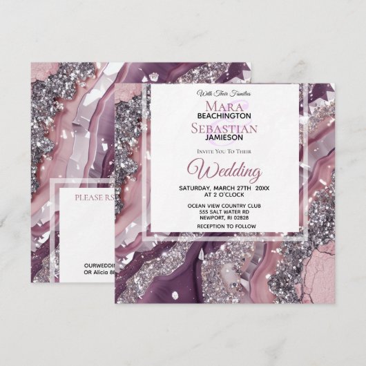 *~* MAUVE RSVP QR Zilveren AGAAT AR66 Bruiloft Kaart (Voorkant / Achterkant)