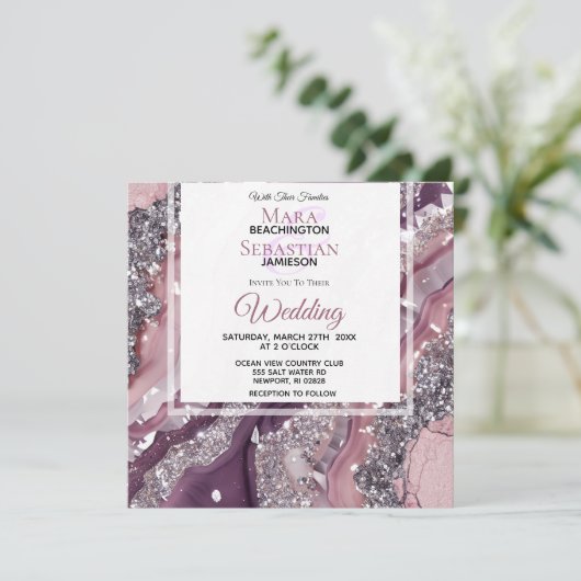 *~* MAUVE RSVP QR Zilveren AGAAT AR66 Bruiloft Kaart (Staand voorkant)