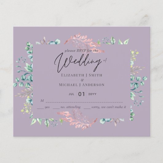 Mauve Sage Botanical Leaves RSVP Budget Weduwen (Voorkant)