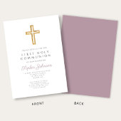 Mauve Script Religious Cross Boy First Communion Kaart