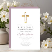 Mauve Script Religious Cross Boy First Communion Kaart