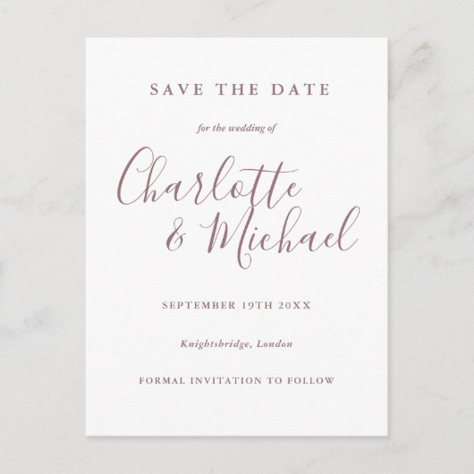 Mauve Script Trouw Save the Date Briefkaart (Voorkant)